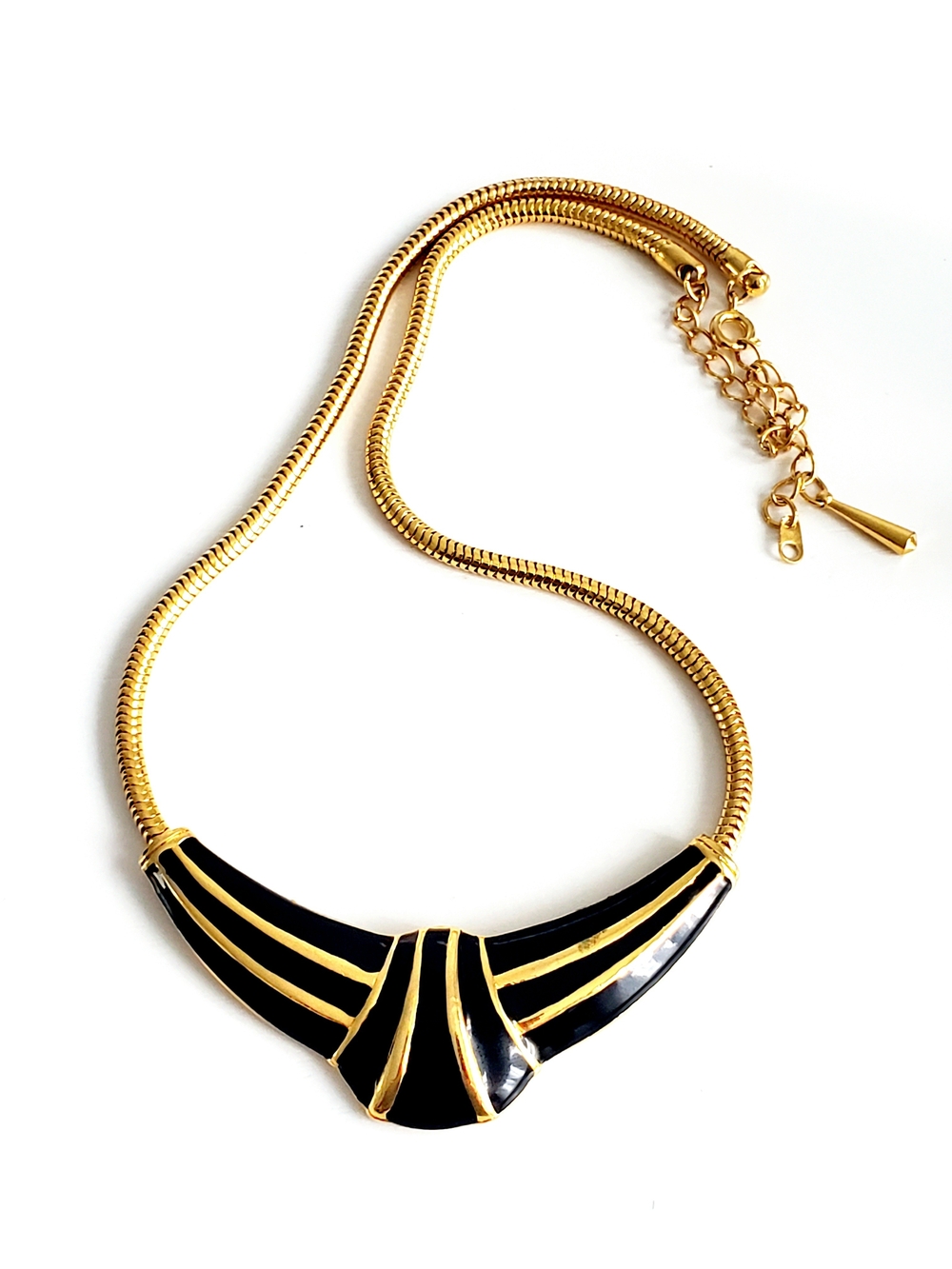 Art Deco Style Gold-Tone Necklace with Black Enamel Accent - Vintage